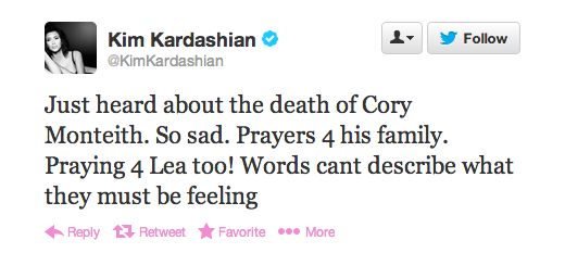 Kim Kardashian's Reaction to Cory Monteith's Death